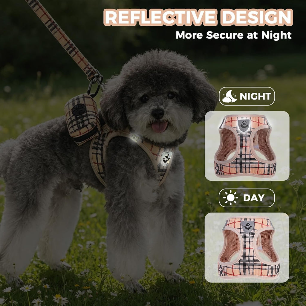 PAWCHIE Dog Harness and Leash Set, Step in No Pull Soft Pet Harness, Reflective Adjustable Puppy Vest for Small Medium Dogs Cats, No Choke Harness Vest with Poop Bag Holder for Walking,Running,Beige M