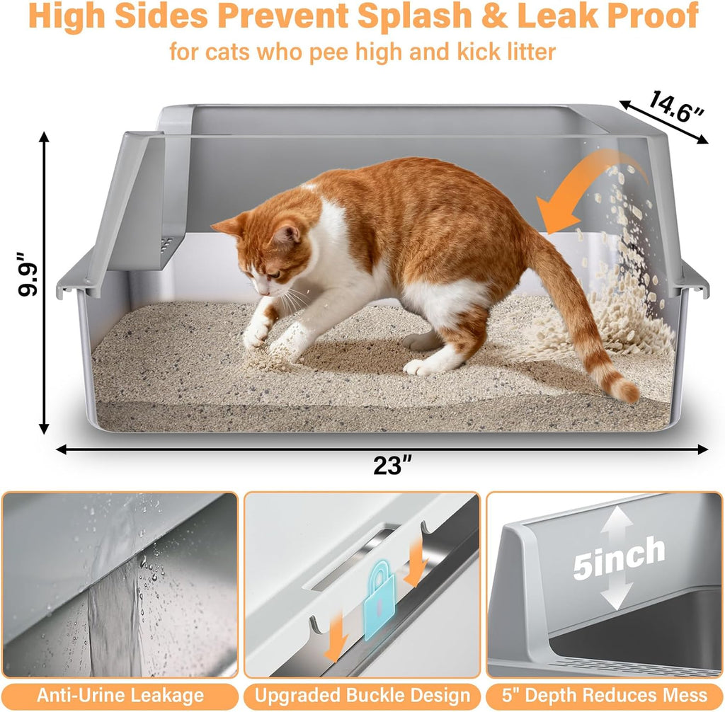 Stainless Steel Litter Box XL-Metal Cat Litter Box for Big Cat | Large Metal Litterbox with High Side，Non-Stick, Odor-Resist, Anti-Urine Leakage, Easy-Clean, Includes Mat & Scoop
