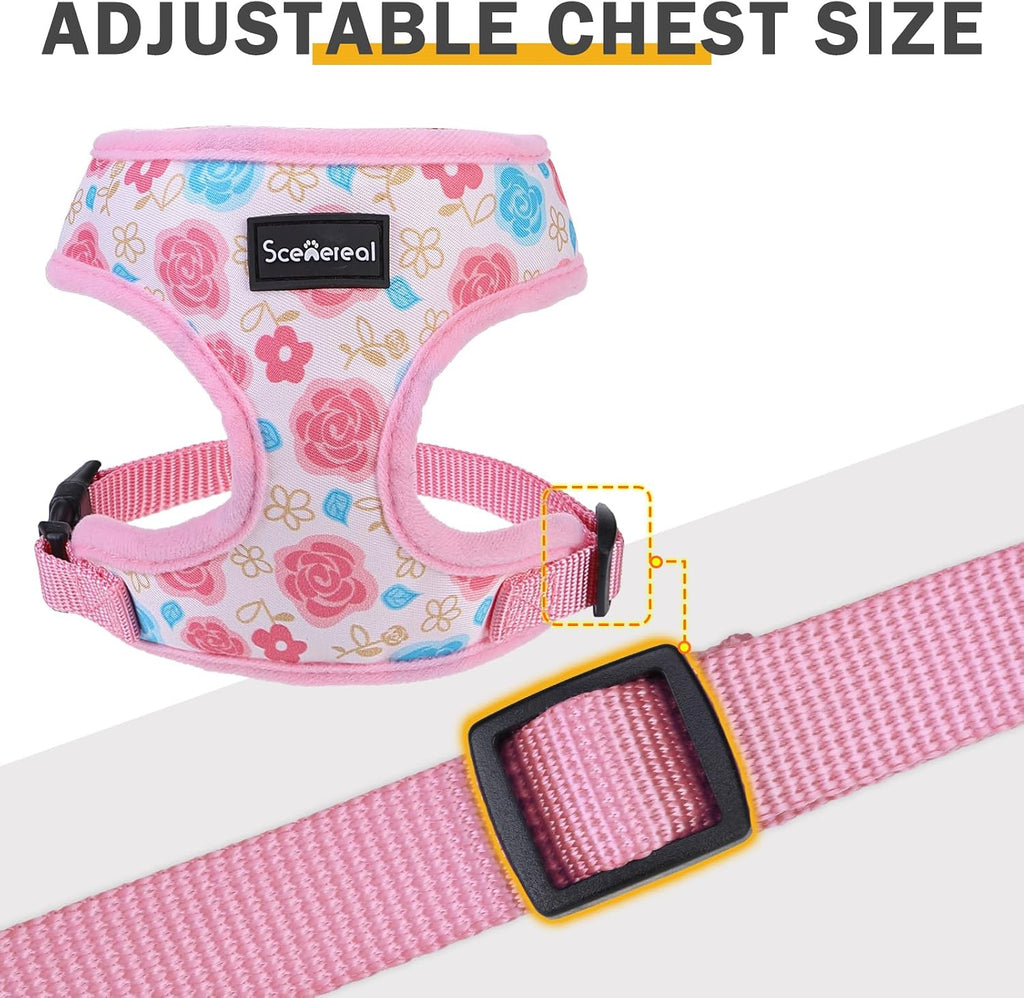 SCENEREAL Small Dog Harness and Leash Set, Flowers Pink, M