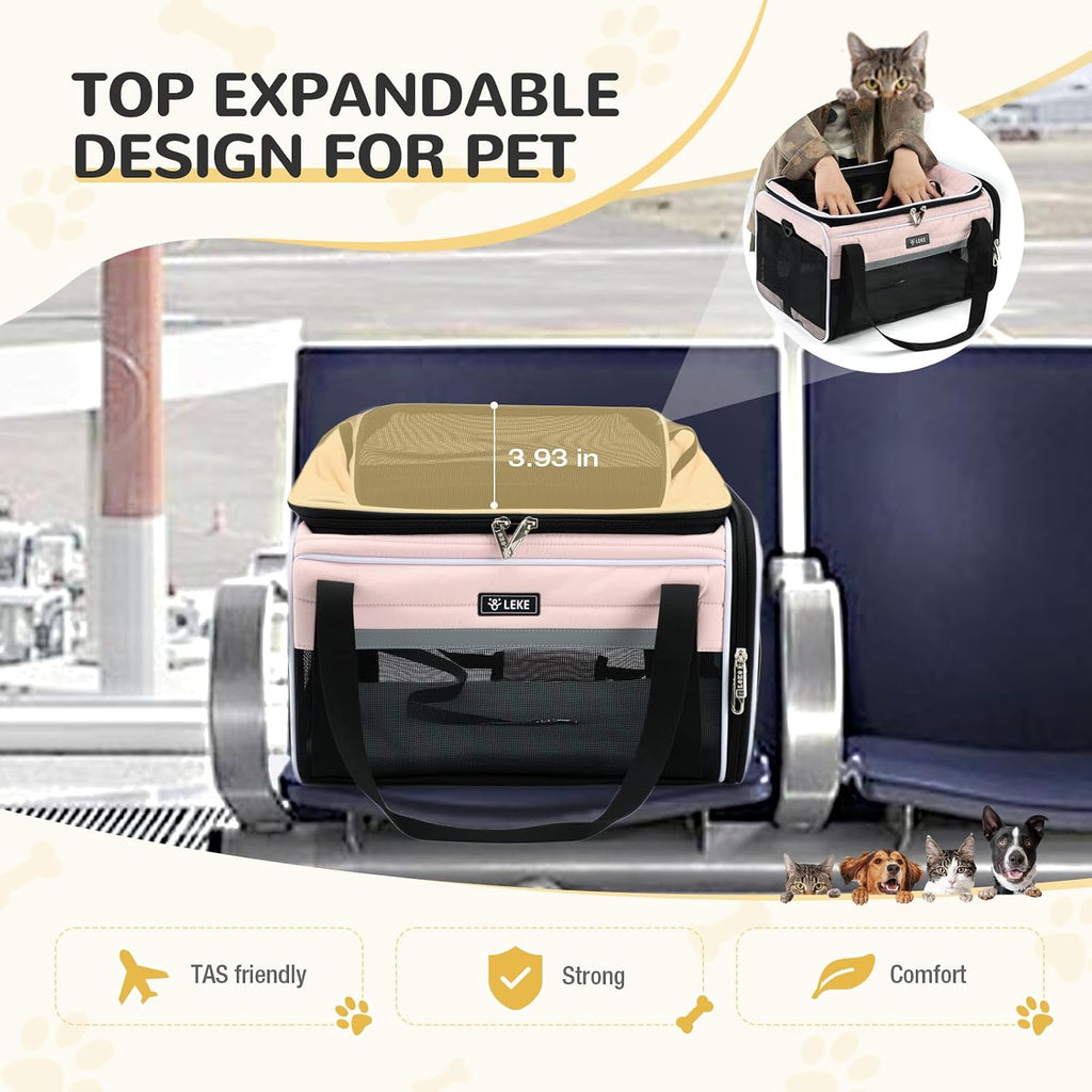Lekereise Top-Expandable Pet Carrier 17x11x9.5 Inch Alaska Hawaiian Airline Approved Soft Sided Underseat with Locking Safety Zippers Anti-Scratch Mesh