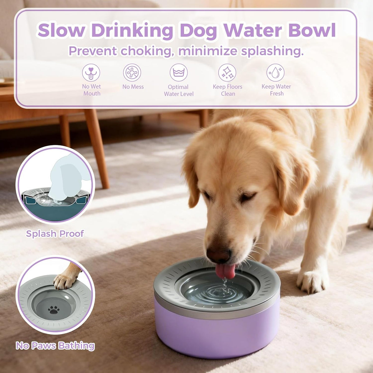 Stainless Steel Dog Water Bowls, No Spill Water Bowls for Dogs, Lightpurple