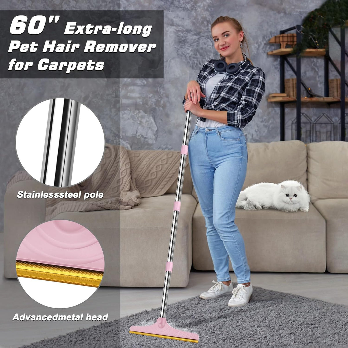 B-Land Carpet Rake for Pet Hair Removal, Carpet Scrape for Rug Pink