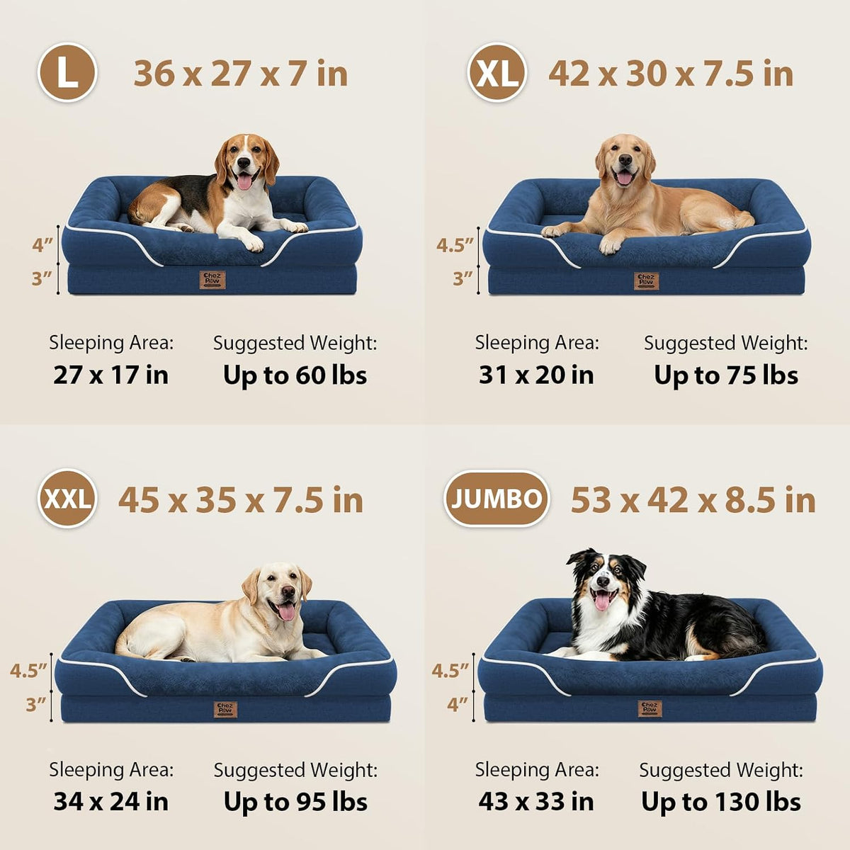 Chez Paw Waterproof Orthopedic Dog Bed for Large and Extra Large Dogs