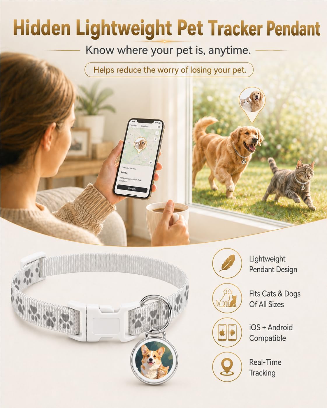 Cat GPS Tracker Collar & Dog Mini Tracker, No Monthly Fee Location, Works with Apple Find My, IP67 Waterproof Pet Finder Tag, Sound Alert, Adjustable Fit,White
