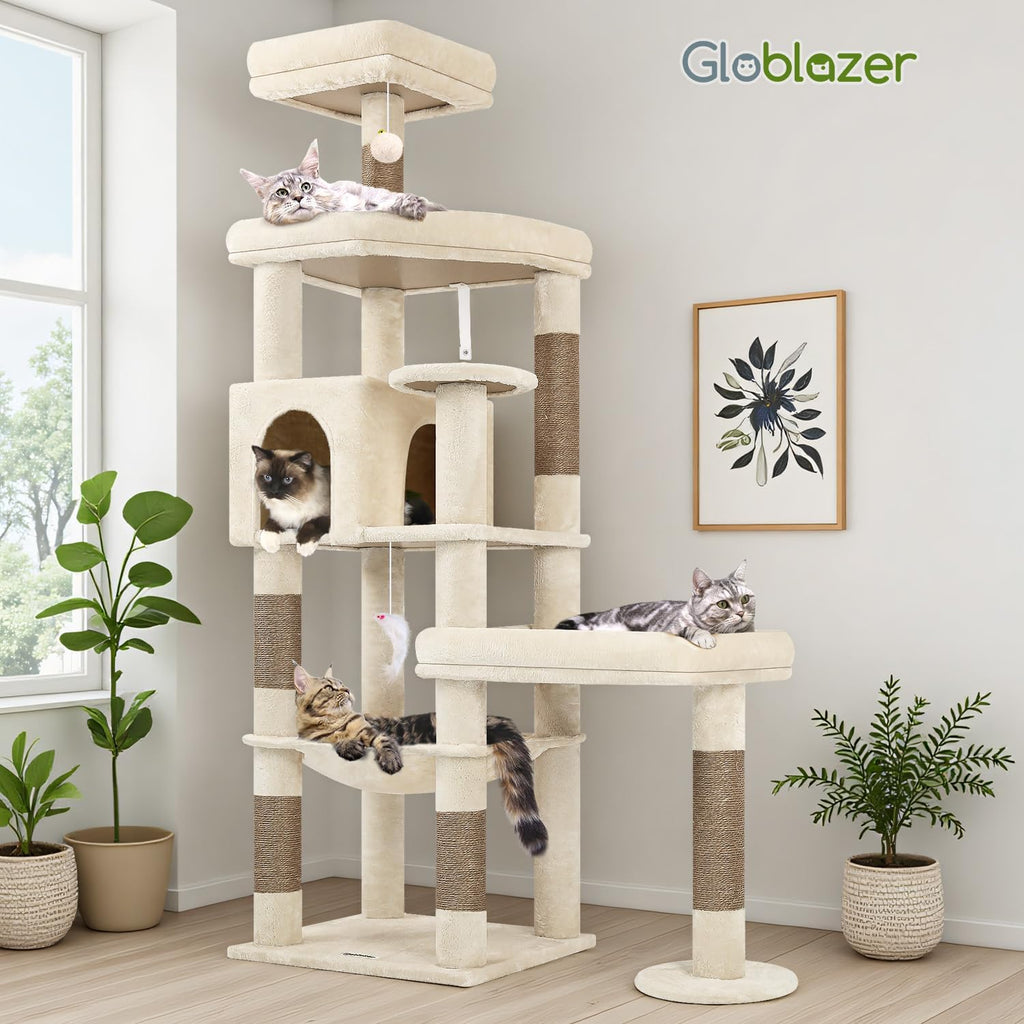 Globlazer 65in Sturdy Cat Tree Tower for Indoor Large Cats, S65, Beige