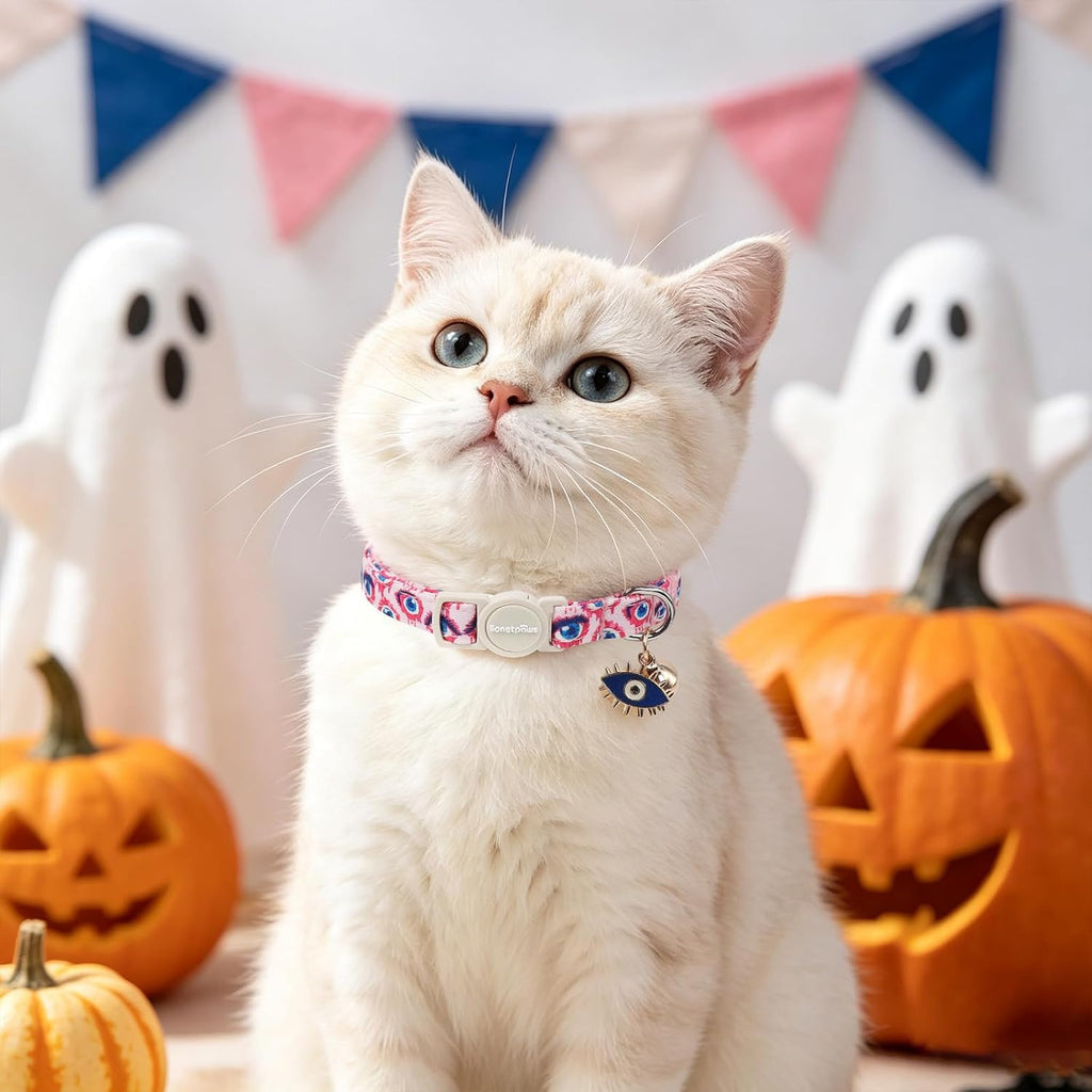 LIONET PAWS 2 Pack Breakaway Cat Collars, Cute Soft Cotton Halloween Pink Ghost Pumpkin & Evil Eye Kitten Collars with Bell & Charm for Boy Girl Cats