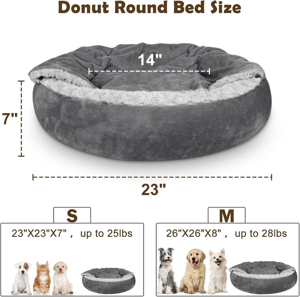 JOEJOY Small Dog Bed Cat Bed with Hooded Blanket, Cozy Cuddler Luxury Puppy Pet Bed, Donut Round Calming Anti-Anxiety Dog Burrow Cave Bed - Anti-Slip Bottom and Machine Washable 23 inch