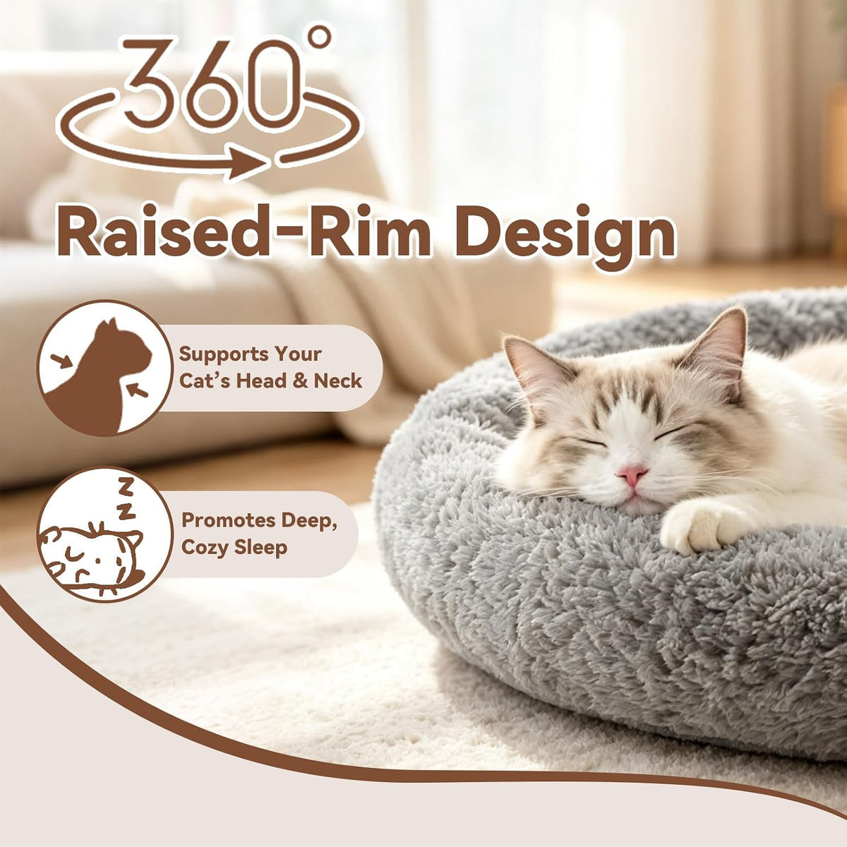 LESYPET Cat Bed for Indoor Cats, Small Pet Bed Curl Sleep Cushion with Raised Pillow Around, Non-Slip Bottom Washable Pet Beds Mat for Small Pets Rabbit Hamsters, Round Diameter 15.7"
