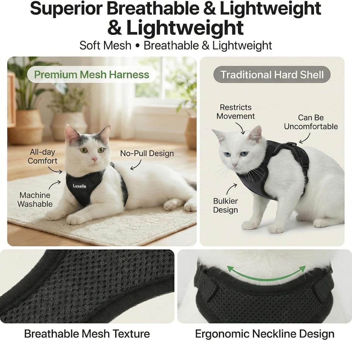 Luxelle 2 Pack Escape-Proof Cat Harness and Leash Set for Walking – Adjustable No Pull Soft Vest with Easy-Wear Buckle, Reflective Straps, Breathable Mesh – Outdoor Travel Harness for Cats & Kittens