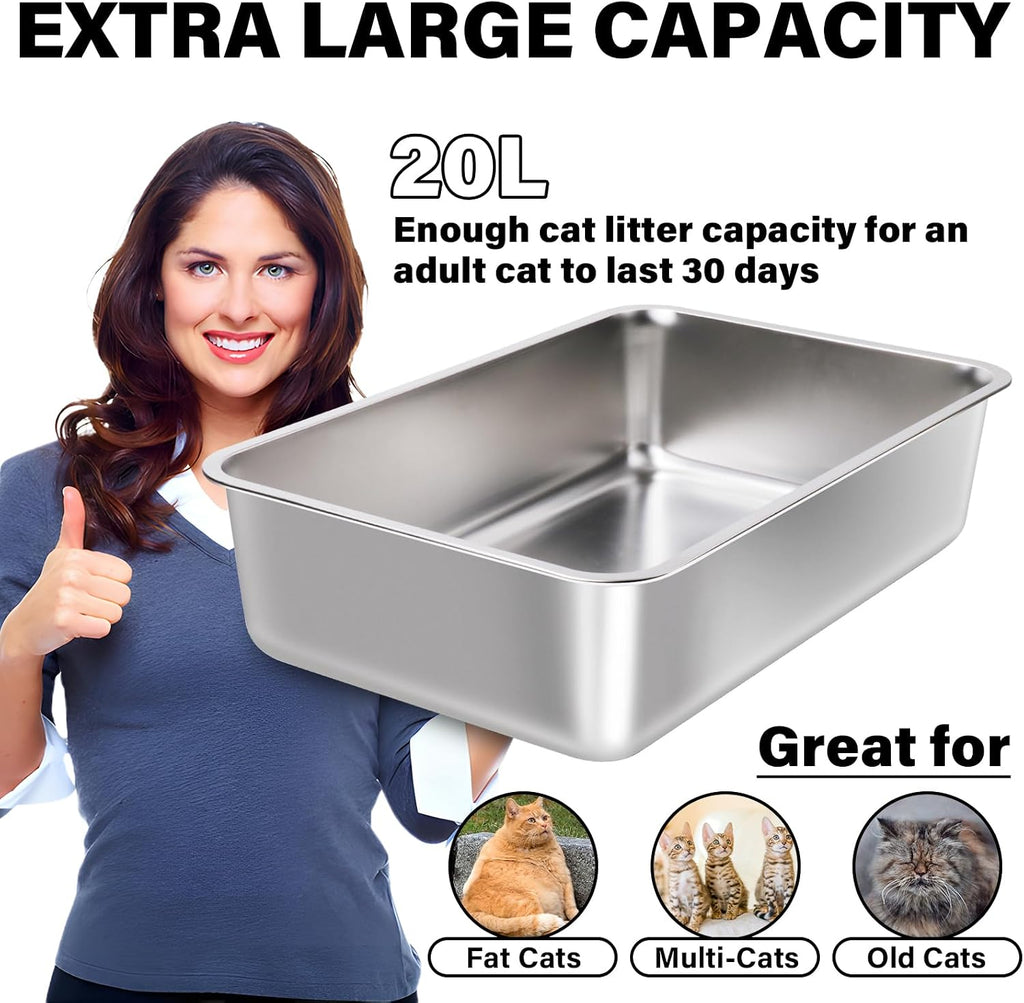 Stainless Steel Litter Box XL, Metal Litter Box 2 Pack | 23.6“x15.7"x6" Steel Cat Litter Box for Big Cats, with High Sides, Non Stick Surface, Easy to Clean