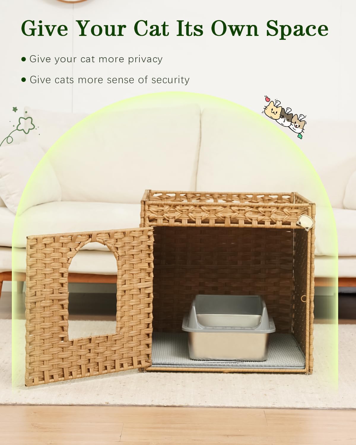 SETVSON Cat Litter Box Enclosure Furniture, Large PE Rattan Cabinet,Natural