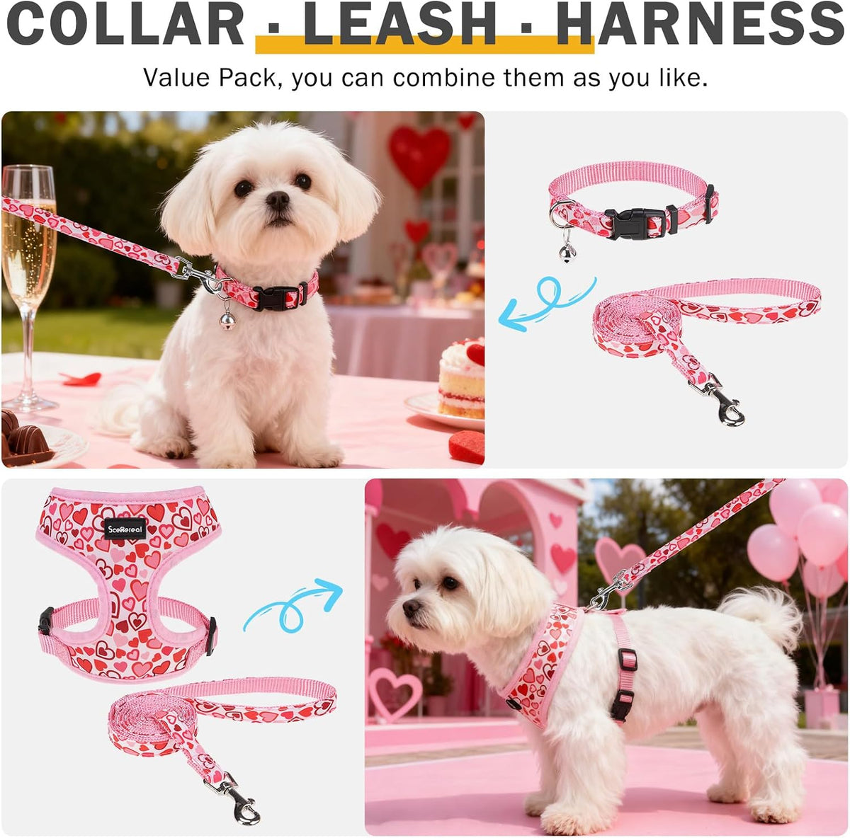 SCENEREAL Small Dog Harness and Leash Set, Valentines Pink, S