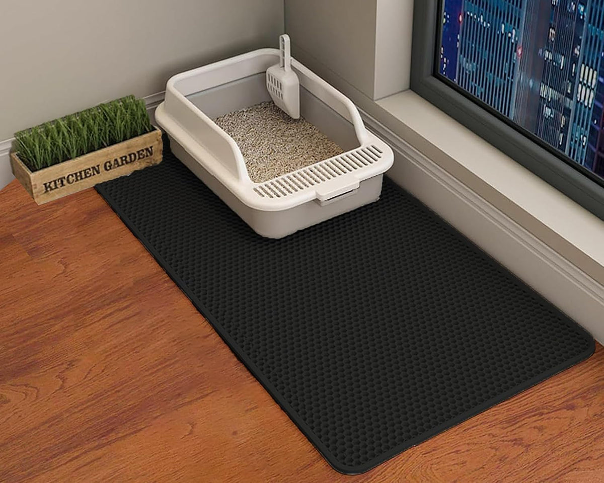 Cat Litter Mat, Double Layer Cat Litter Box Mat (45x26 Inch, Black)