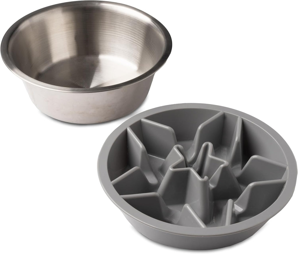 Leash Boss 2-Pack Slow Feeder Dog Bowls, 2 Cup, Stainless Steel, White