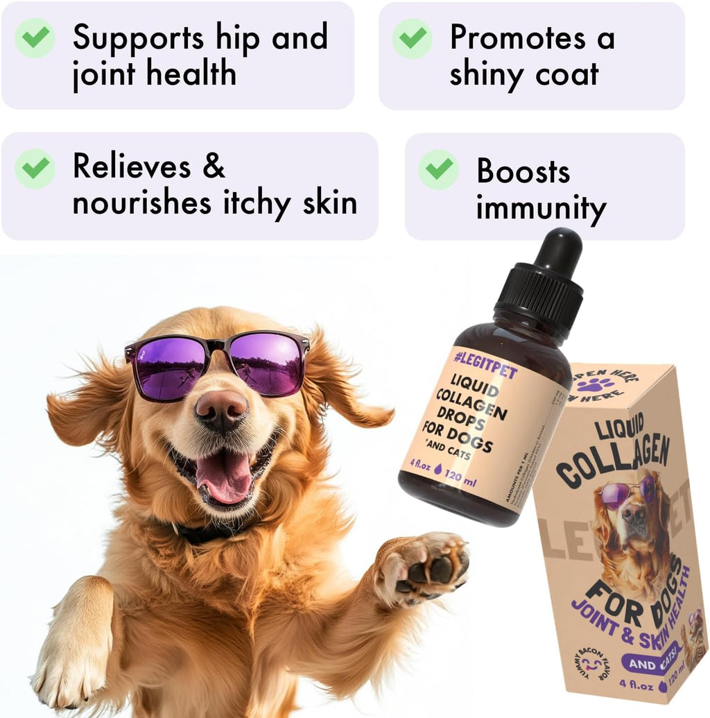 Premium Grass-Fed Collagen for Dogs & Cats Liquid Drops Supplement Daily Formula Support Hip & Joint Skin Coat Gut Hydrolyzed Type I & III Bovine Protein Beef Flavor All Dog and Cat Sizes & Ages