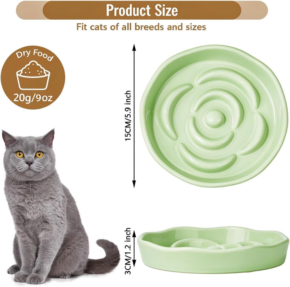 Slow Feeder Cat Bowl Set of 2, Ceramic Slow Feeding Cats Bowl Whisker Friendly, Anti Vomiting Cat Feeder for Dry and Wet Food，Fun Maze Interactive Bloat Stop Puzzle Bowls for Healthy Eating Diet