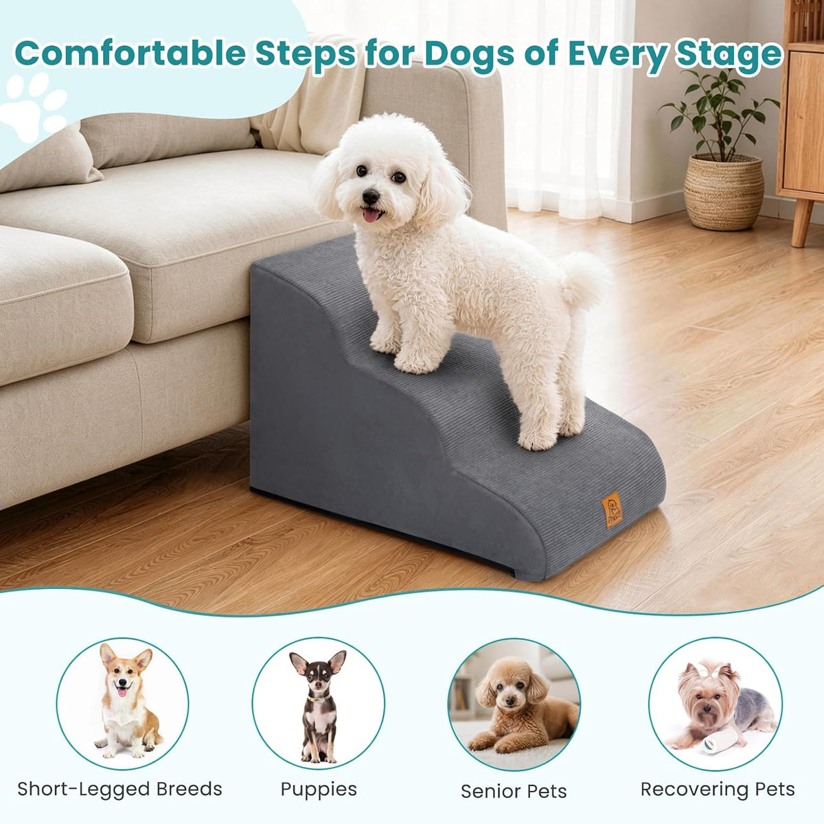Dog Stairs for Small Dogs and Cats, 3-Step Dog Steps for Couch, 15.7" H