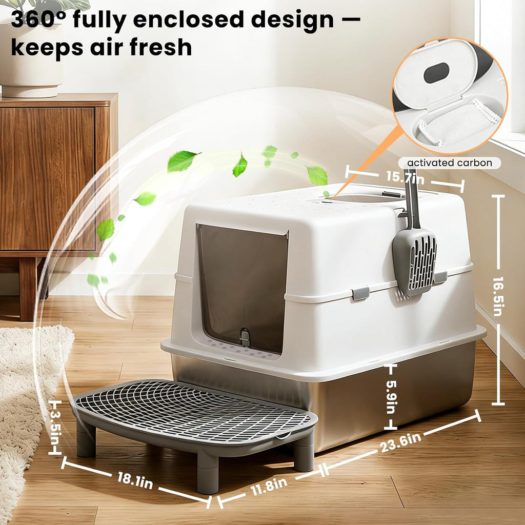 Extra Large Stainless Steel Cat Litter Box with 120° Lid for Multiple Cats, Enclosed Top Entry Litter Box High-Sided Anti-Leak Litter Box, Dog Proof Litter Boxes with Litter Step & Scoop