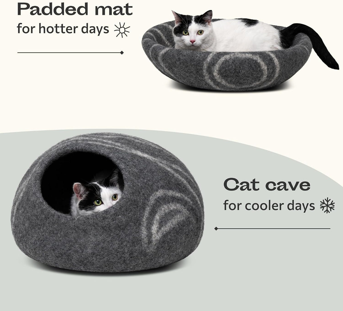 MEOWFIA Cat Cave – Premium Felt Cat Bed Enclosure for Indoor Cats, Handmade Merino Wool (Dark Grey, Large) (Pack of 2)