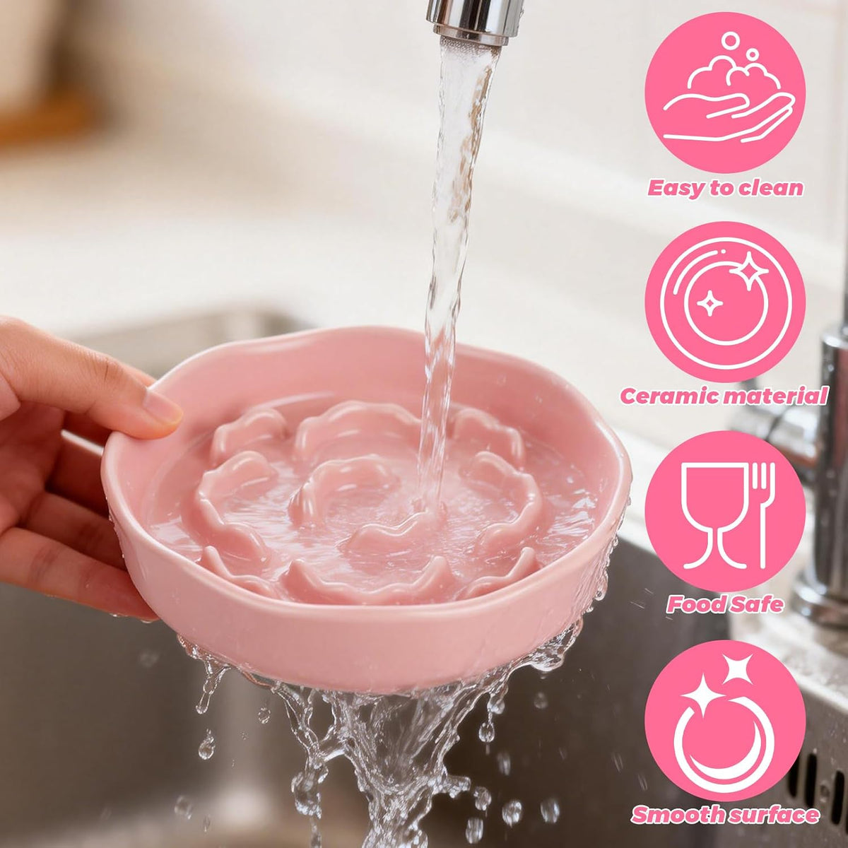 4Pcs Ceramic Cat Slow Food Feeder, 6 Inch Slow Feeder for Small Dogs, Cat Food Bowl for Dry Food and Wet Food, White and Pink