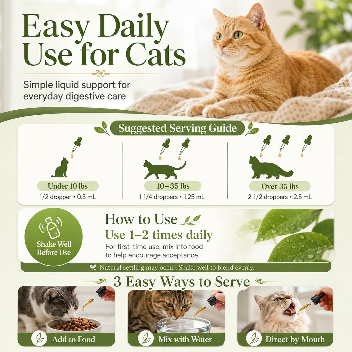 Cat Constipation Relief Liquid Supplement with 6 Probiotics, Digestive Support for Cats, Supports Healthy Bowel Function & Stool Quality, Natural Daily Gut Health Care for Indoor and Senior Cats, 60ml