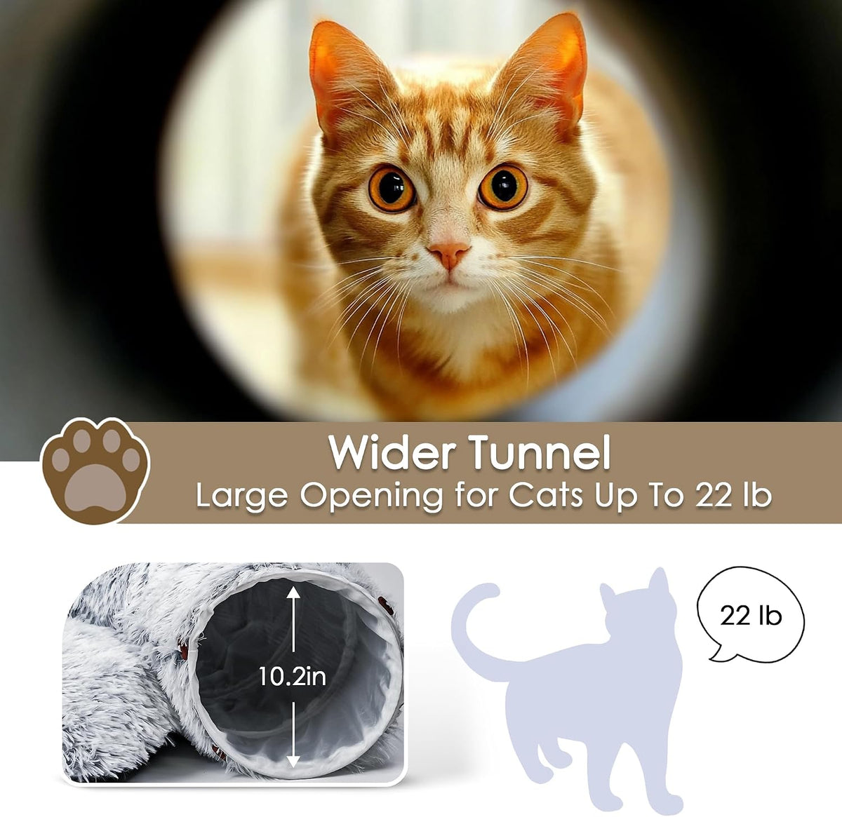 Cat Tunnel Bed for Indoor Cats, Peekaboo Cat Cave with Washable Soft Play Mat, Furry Cat Tube, for Kitten/Puppy/Rabbit, Grey