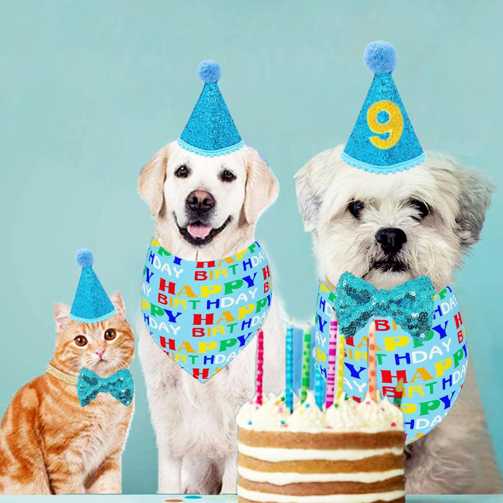 PET SHOW 3Pcs Blue Small Dog Birthday Bandana Set for Boys Female with Puppy Cone Hat and Sequin Bowtie Cat Party Supplies for Dogs Cats Puppies