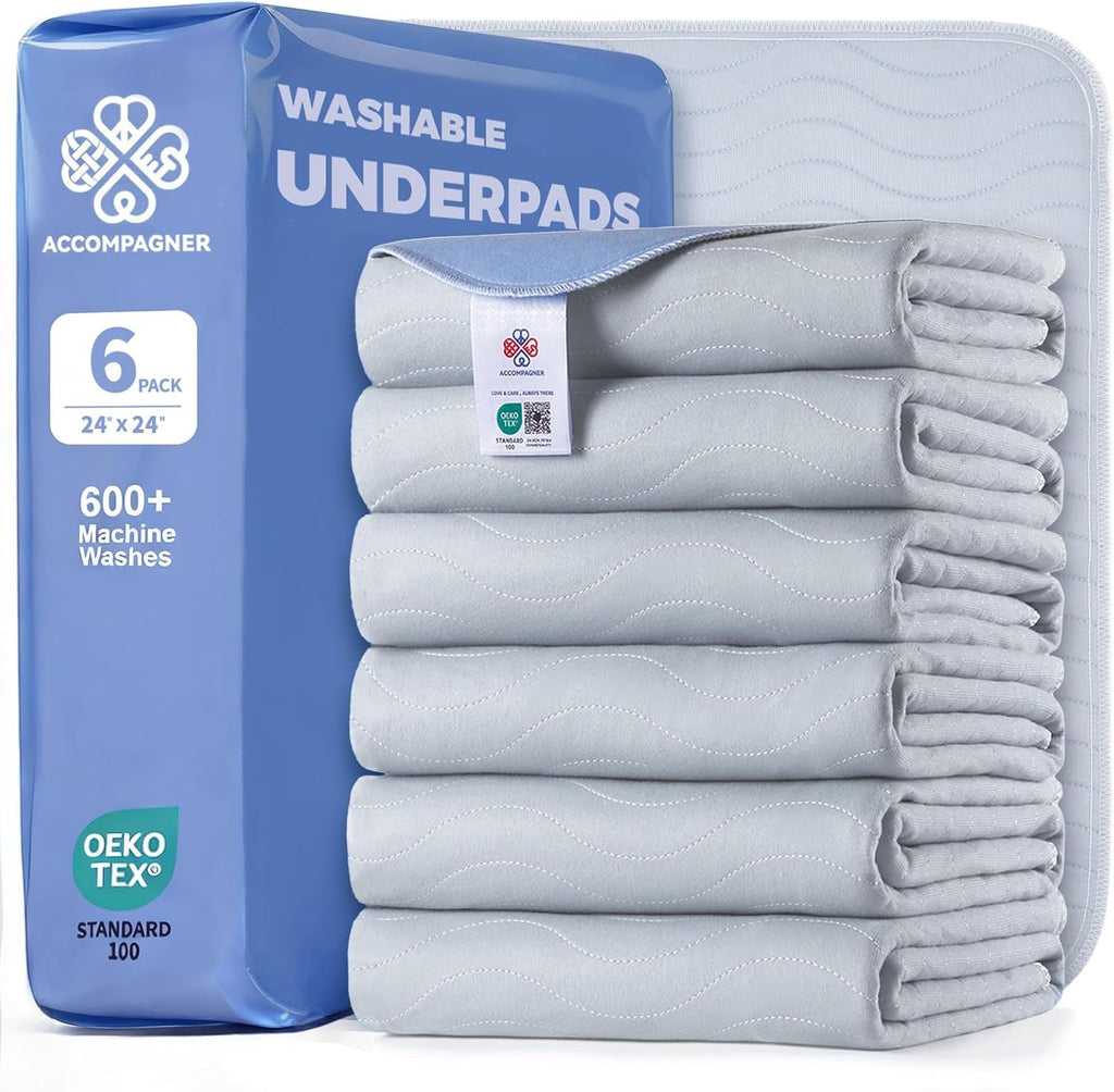 Accompagner Incontinence Bed Pads Washable Waterproof, Ultra-Absorbent Reusable Underpads for Diaper Changing, Nursing, Bedridden, Adults, Seniors, Kids and Dogs (Pearl Gray, 24"x24"(Pack of 6))