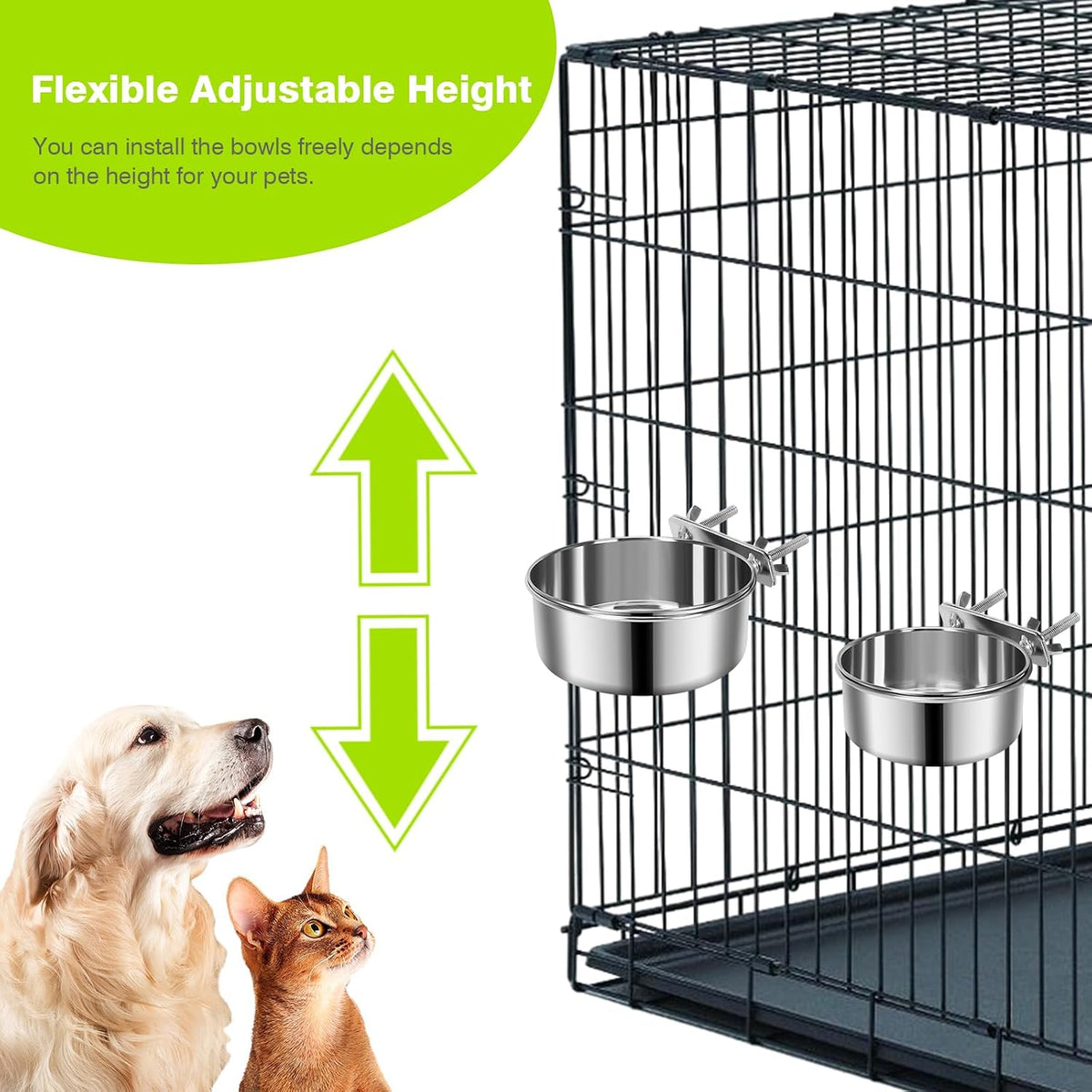 2 Pcs Stainless Steel Small Dog Crate Food Water Bowl, 19 & 12 OZ | Non-Spill, Detectable, Hanging Cage, Feeder Dish with Clamp Holder for Small Pets, Size 4.7x1.9'' & 3.9x1.7''