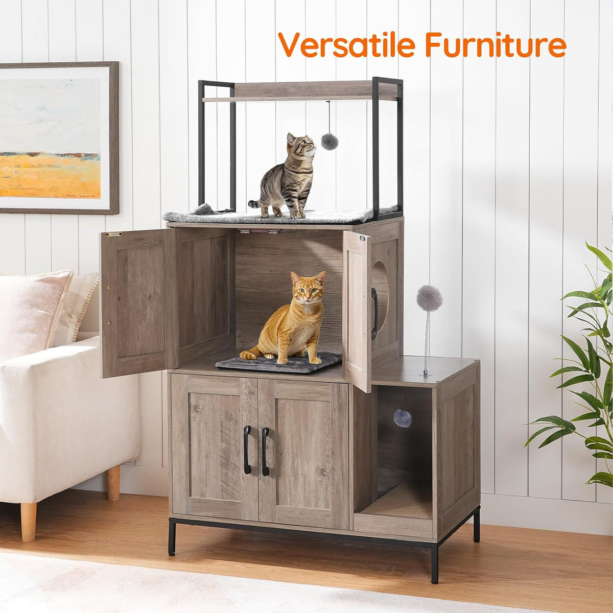 HOOBRO Cat Litter Box Enclosure Furniture, 2 in 1 Hidden Litter Box Furniture with Shelf, Double Litter Box Cabinet with 2 Dangling Plush Balls and 1 Toy Ball, Greige and Black BG78MW01
