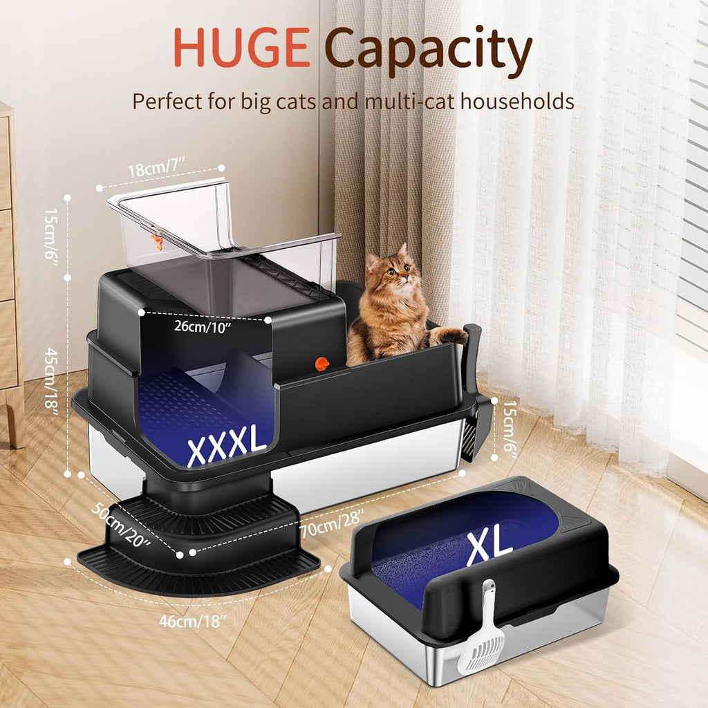 XXXL Stainless Steel Litter Box 28"x20"x18" Enclosed Cat Litter Box, Black | Extra Large Metal Litter Box Tray with High Side, Filtered Grid, Cat Step, Litter Scoop, Non-Odor, Non-Sticky, Easy Cleaning