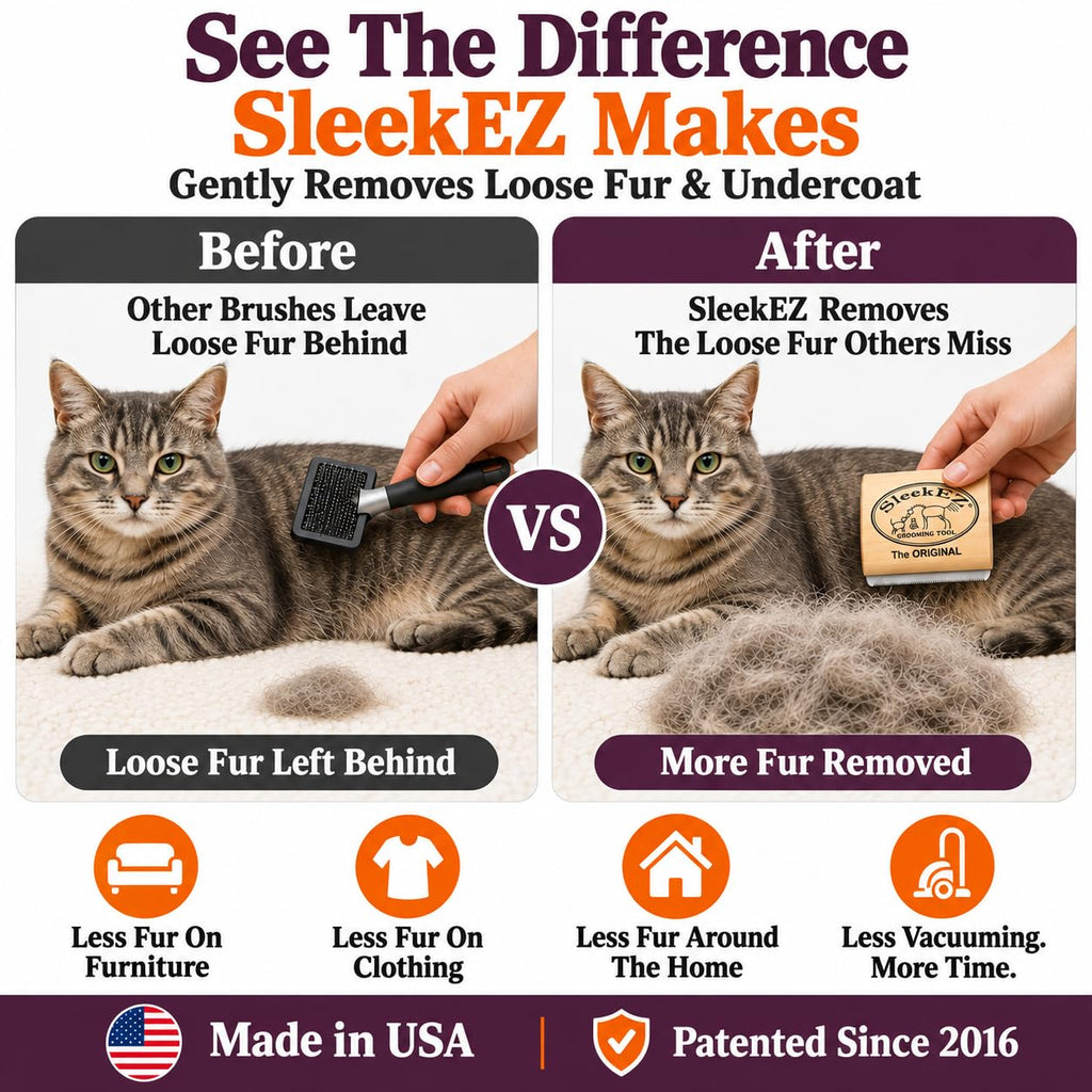 SleekEZ Cat Brush for Shedding - Deshedding Brush for Cats - Patented Grooming Tool for Removing Loose Fur, Undercoat & Hair - Made in USA - Works on Short, Medium & Long Coats