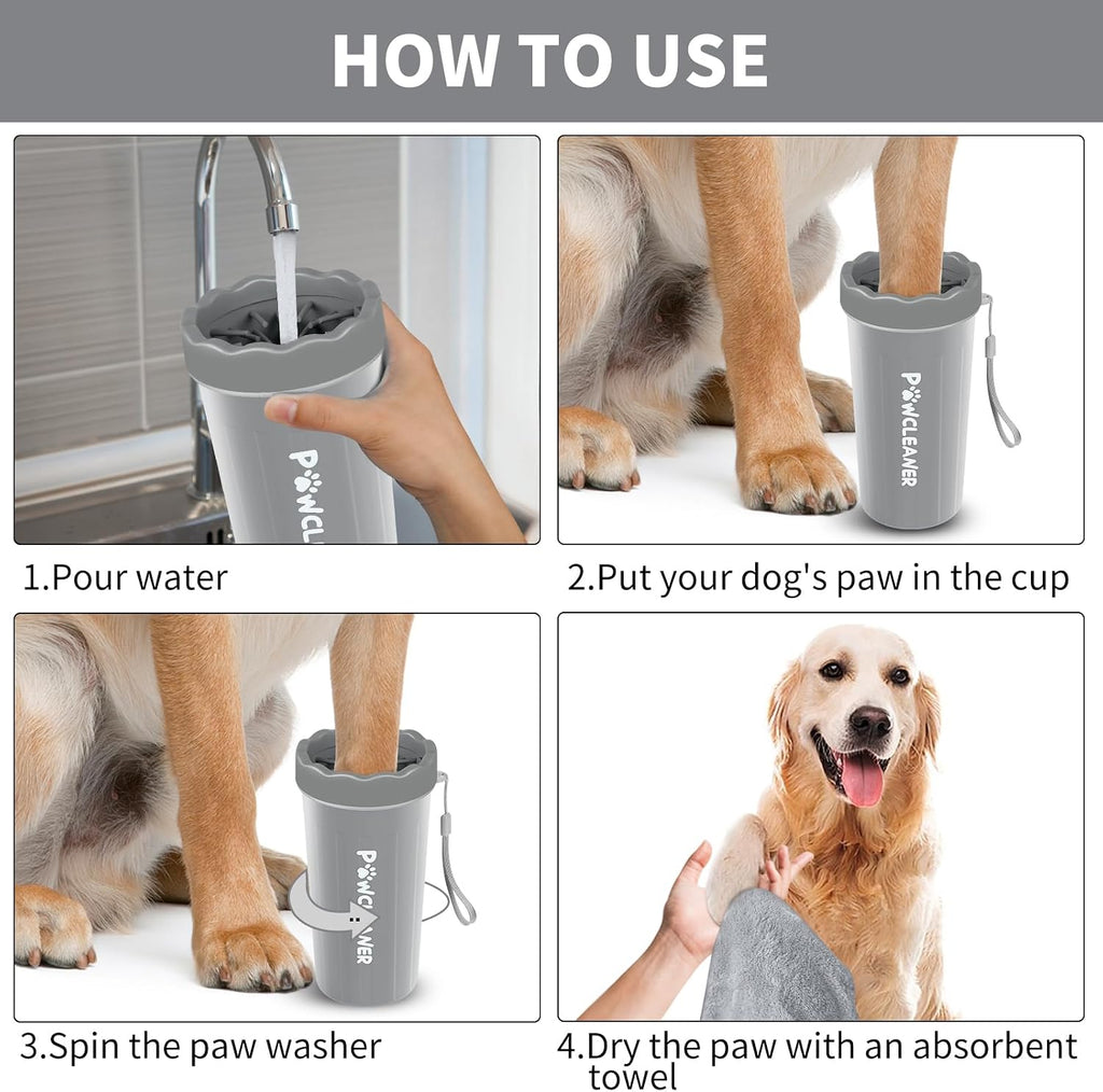 Professional 7 in 1 Dog Paw Cleaner for Dogs & Cats - Includes 1 Portable Paw Washer, 1 Bath Brush, 2 Dog Toothbrushes and 3 Absorbent Towels Note: Fits Paws 2.5 to 3.5 Inches Wide (Large, Grey)