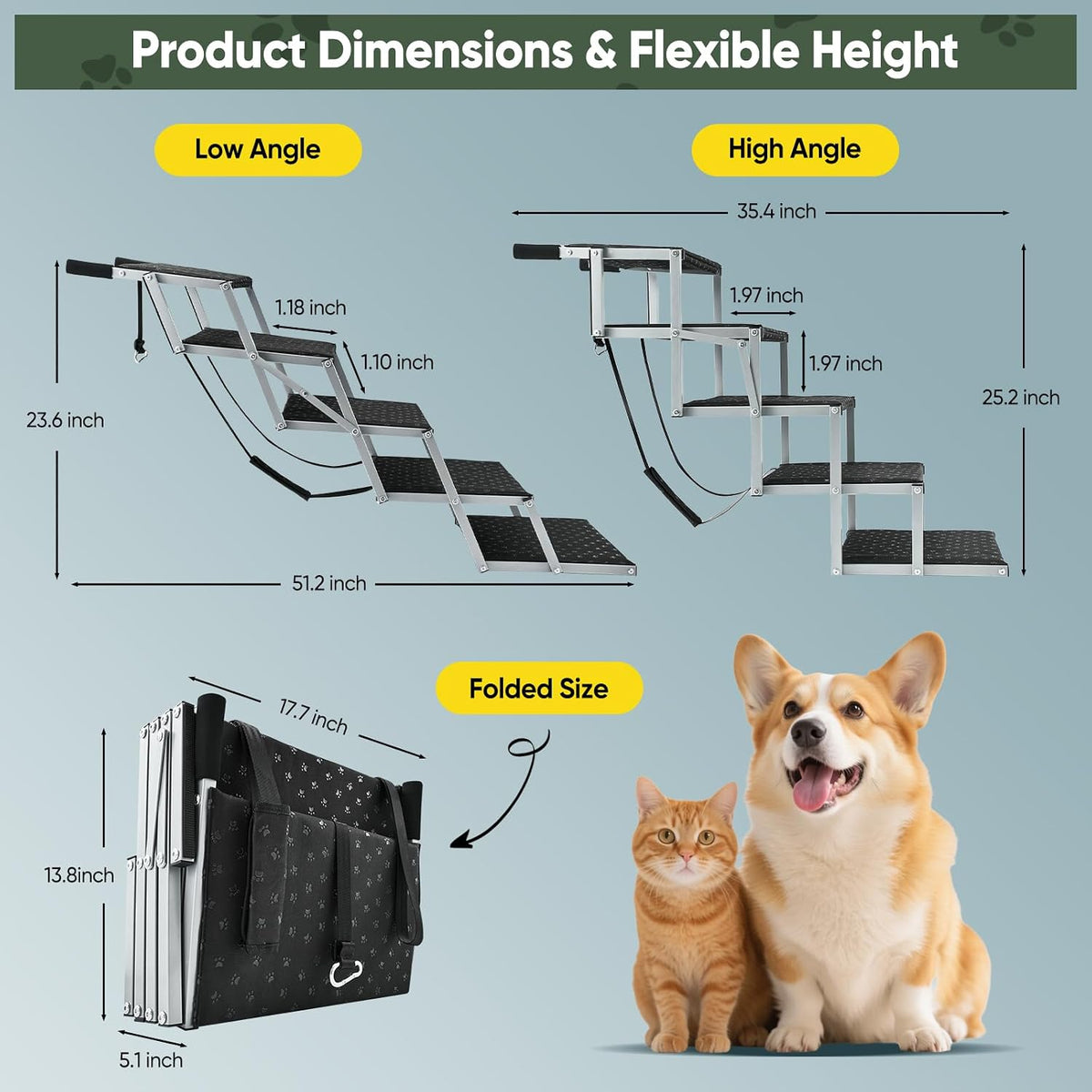 Sakerplus Dog Stairs for Large Dogs, 17.7” Wide Dog Ramps for Car 5 Steps