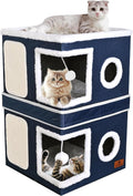 2-Story Cat House for Indoor Cats, Dual-Purpose Cat Cave Bed with Scratch Pad and Fluffy Ball, Foldable Cat Hideaway, Cute Cat Condo Furniture for Multi Small Pet Kitten, Blue