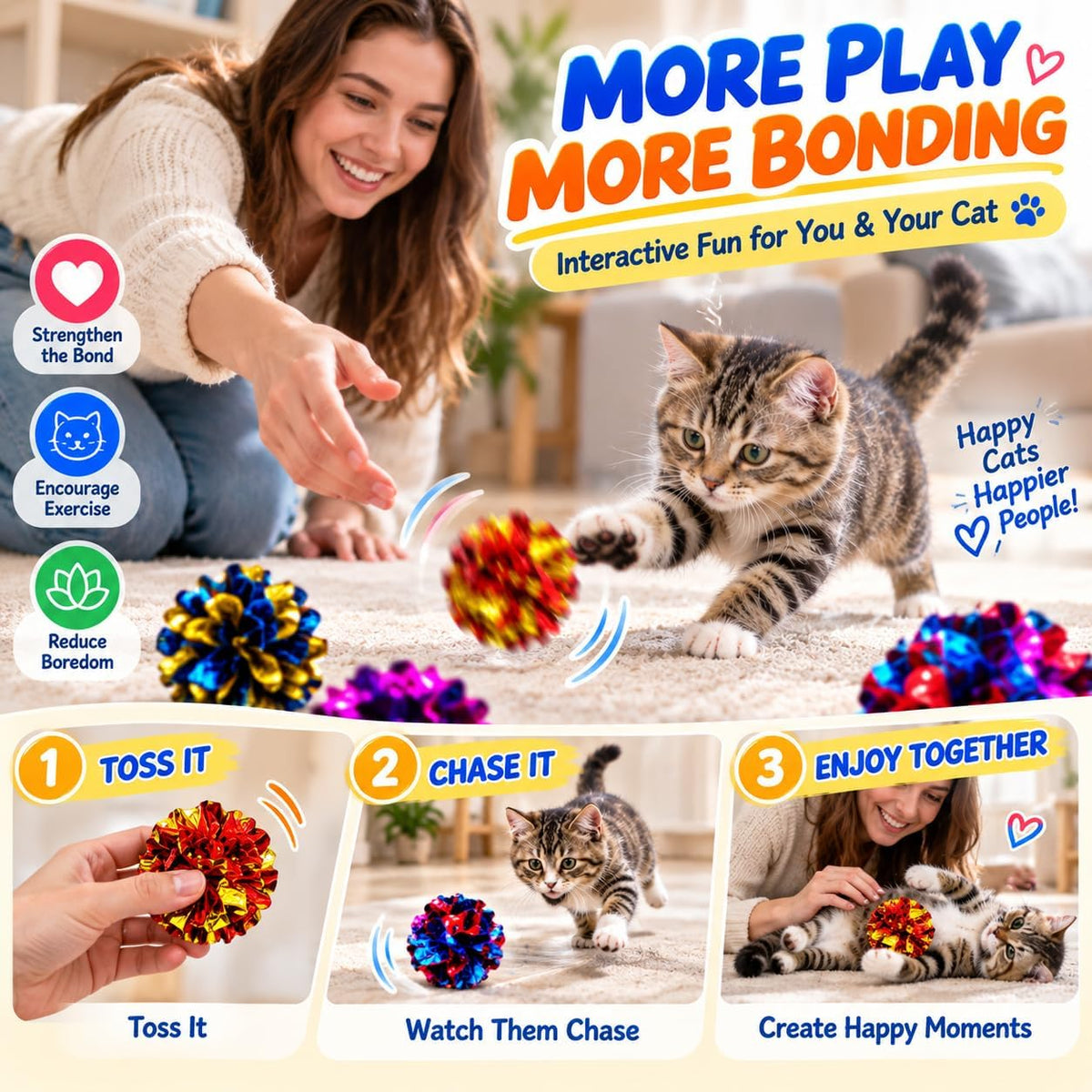 Cat Crinkle Ball Toys, 10 Pack 2.3 Inch Colorful Crinkle Balls for Indoor Cats and Kittens, Interactive Cat Toys for Swatting, Chasing, Pouncing and Hunting