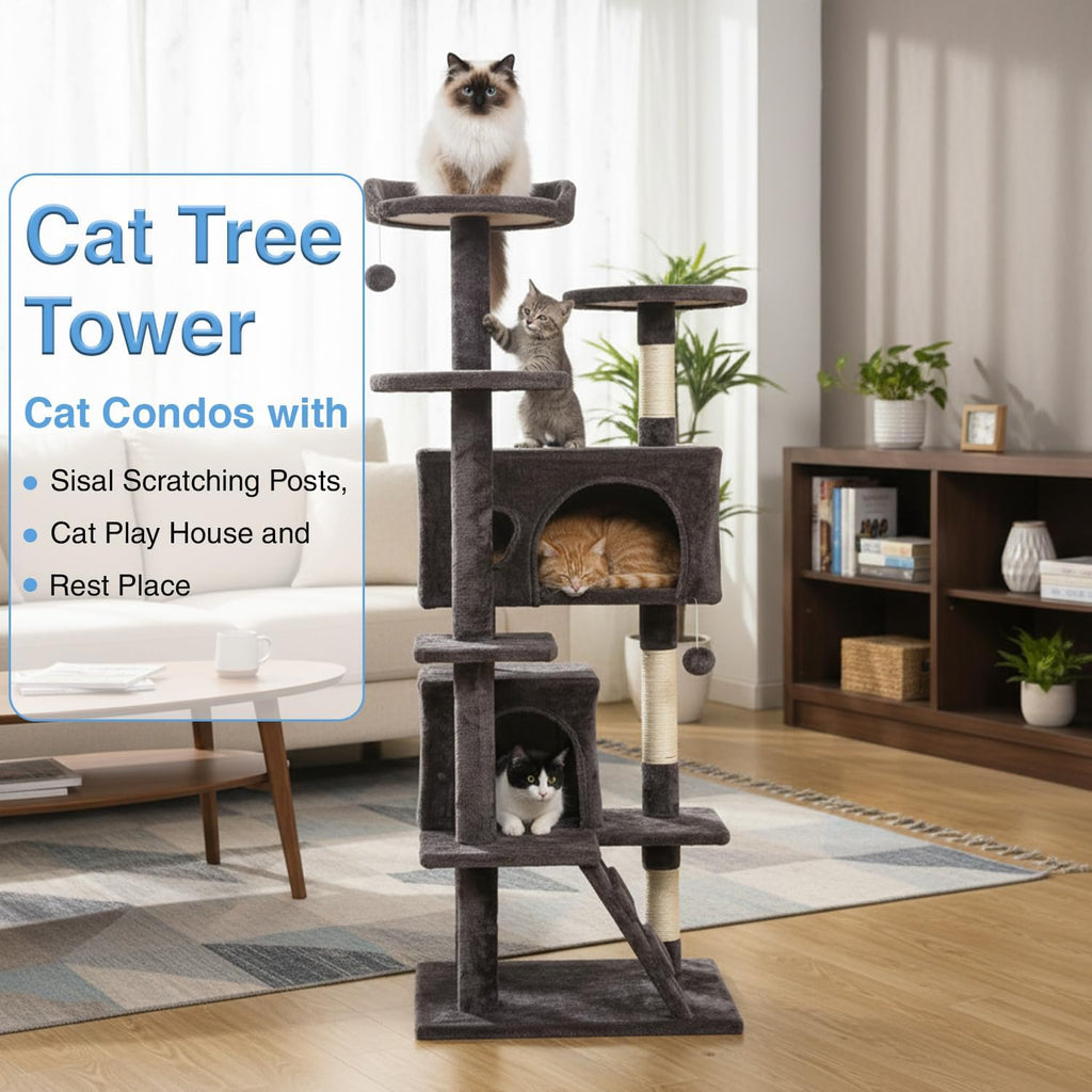 FDW | 54" Cat Tree Tower | Purple Gray | Multi-Level Indoor Activity Center with Sisal Scratching Posts, Condos, Plush Perches, Hanging Cat Toys | Sturdy, Easy to Assemble | for Kittens & Adult Cats