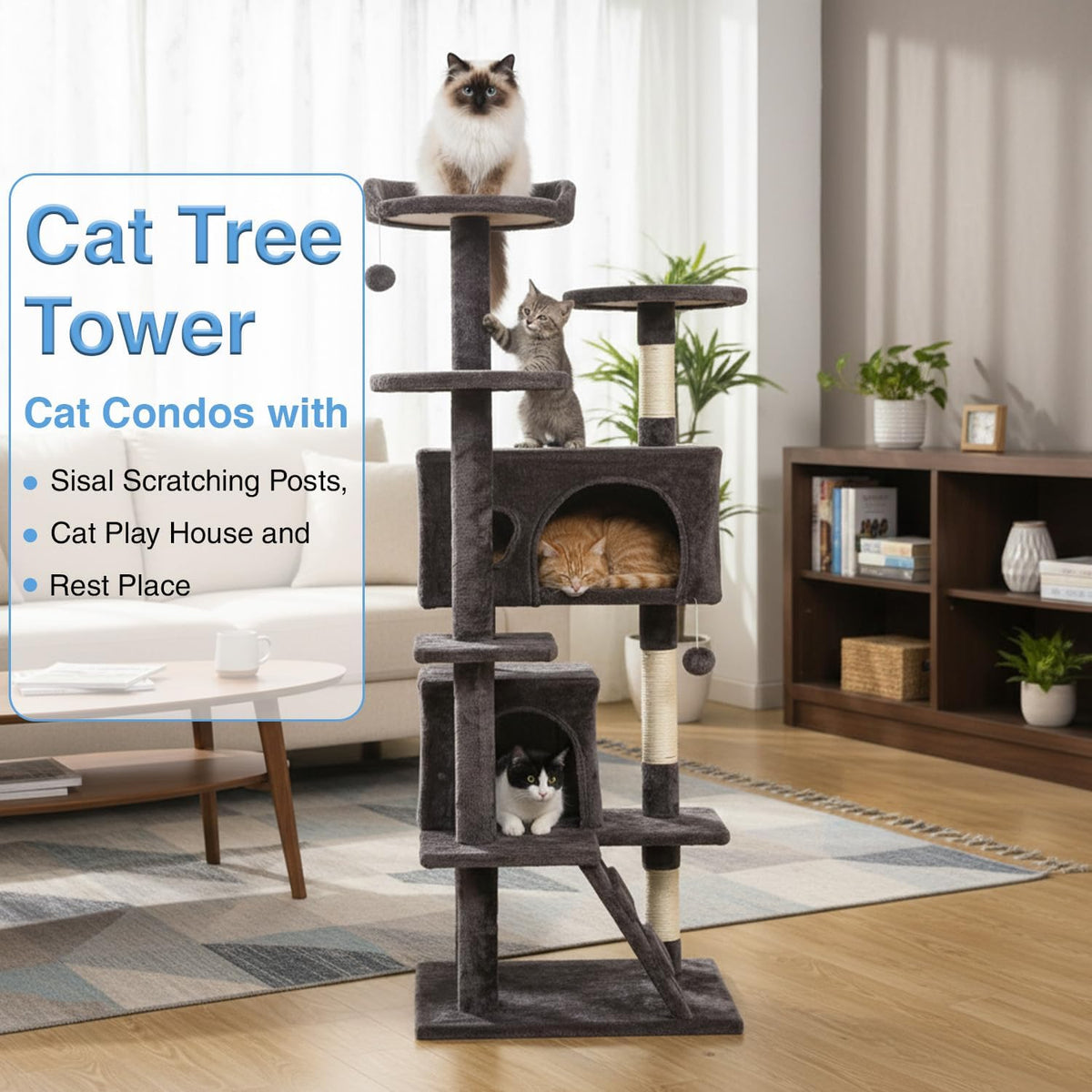 FDW | 54" Cat Tree Tower | Purple Gray | Multi-Level Indoor Activity Center with Sisal Scratching Posts, Condos, Plush Perches, Hanging Cat Toys | Sturdy, Easy to Assemble | for Kittens & Adult Cats