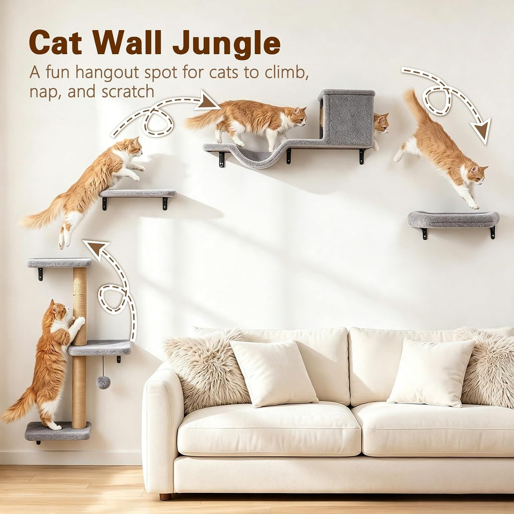6-in-1 Cat Wall Shelves for Indoor Cats, Wall Mounted Cat Furniture