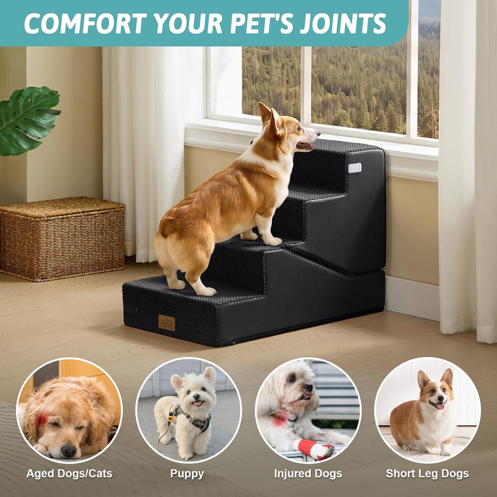 COZY KISS Dog Stairs for Small Dog, 18.9" H, 4 Step pet Step for Bed, Black