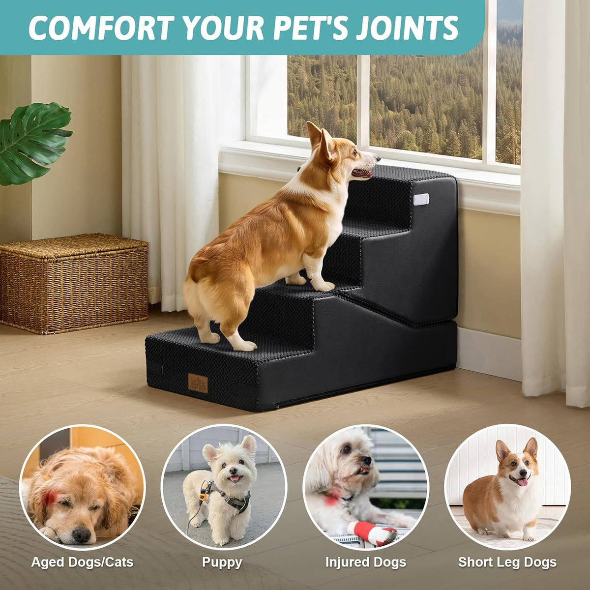COZY KISS Dog Stairs for Small Dog, 18.9" H, 4 Step pet Step for Bed, Black