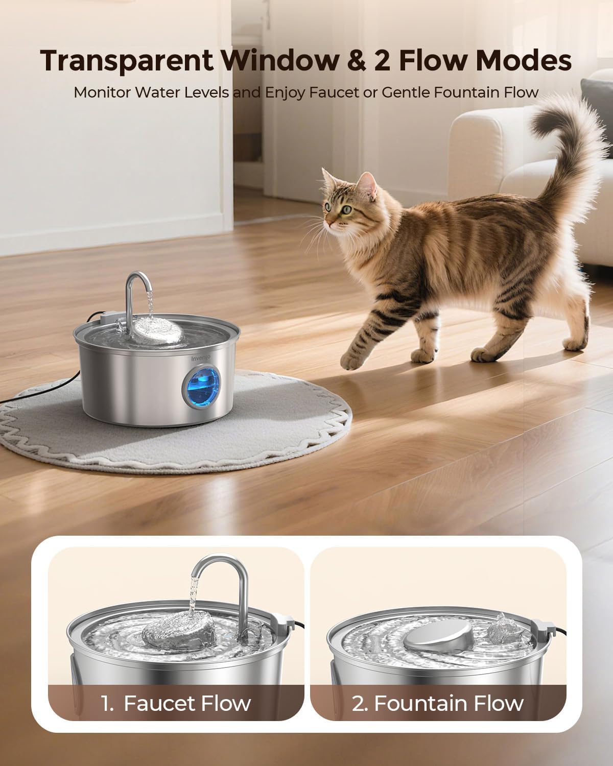 Invengo Cat Water Fountain Stainless Steel 108oz/3.2L Pet Fountain