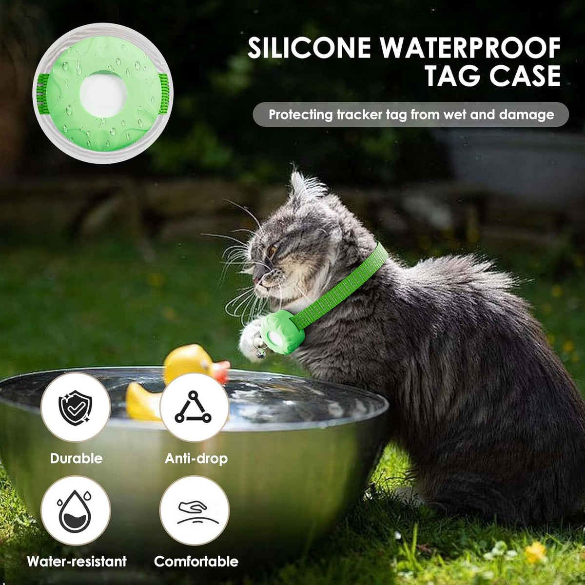 Cat Tracker, Lightweight GPS Tracker Compatible with Apple Find My App(Only iOS), Waterproof Cat Tracker Collar with Bell and Safety Elastic Buckle, No Monthly Fee,Works with Any Collar,Green