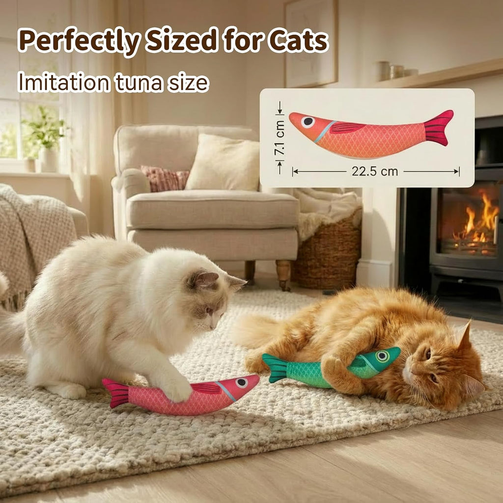 Cat Toys for Indoor Cats, Fish-Shaped Pillow, 2 Pack Red+Green | 5000mg A+Natural Catnip & Bell, Interactive Soft Chew Kicker, For Indoor Cats & Kittens, Crinkle & Bell Fish Sound Toy