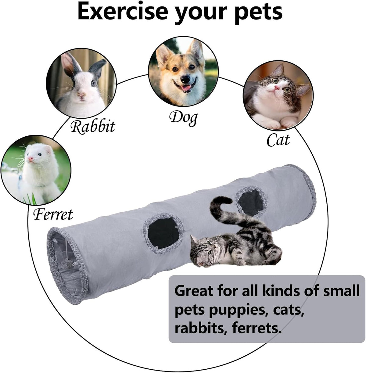 Collapsible Cat Tunnel with Play Ball - Durable Suede Indoor Cat Play Tube for Kitten, Puppy and Rabbit (Medium)