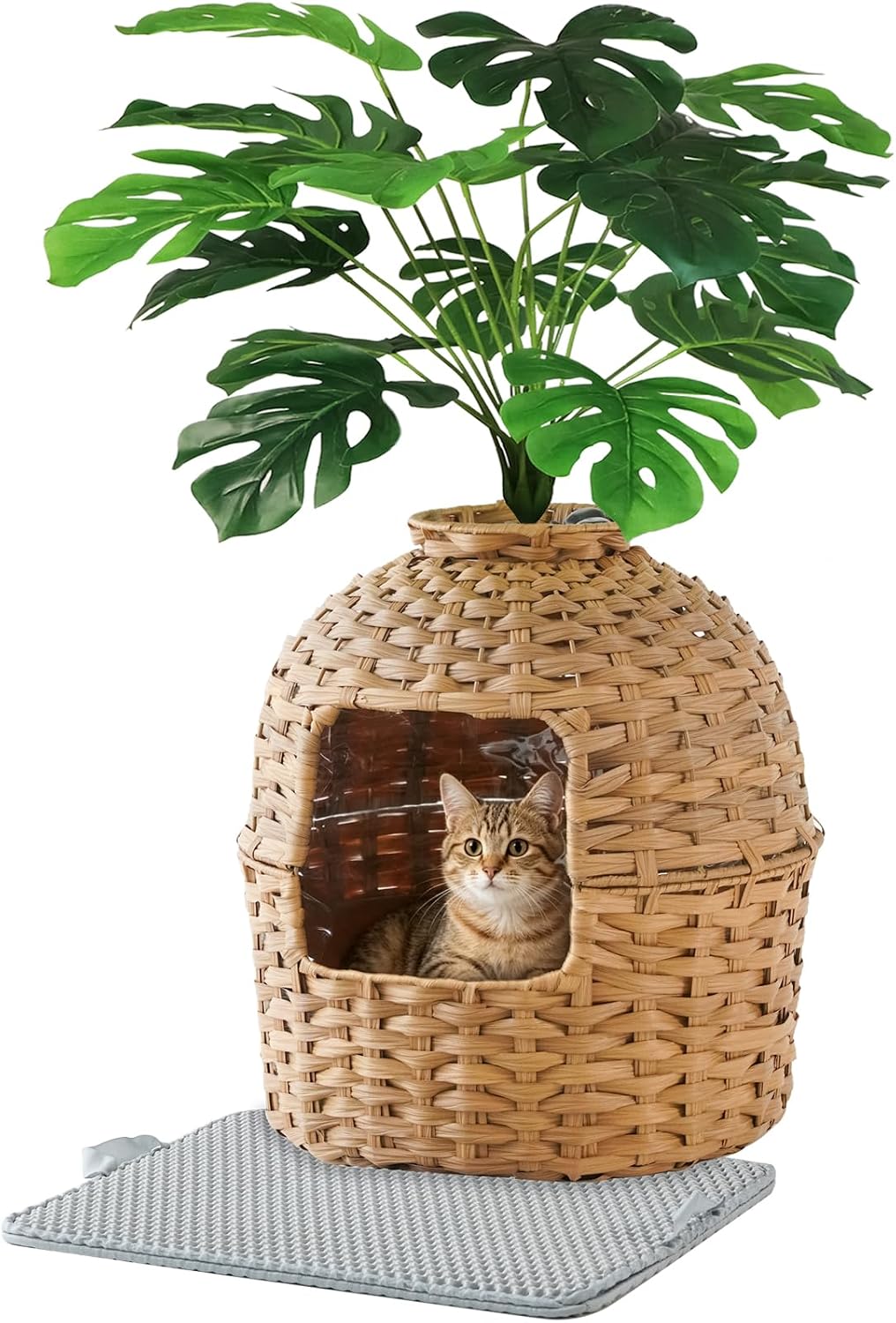 SETVSON Cat Litter Box Enclosure Plant, PE Rattan Kitty House, Natural