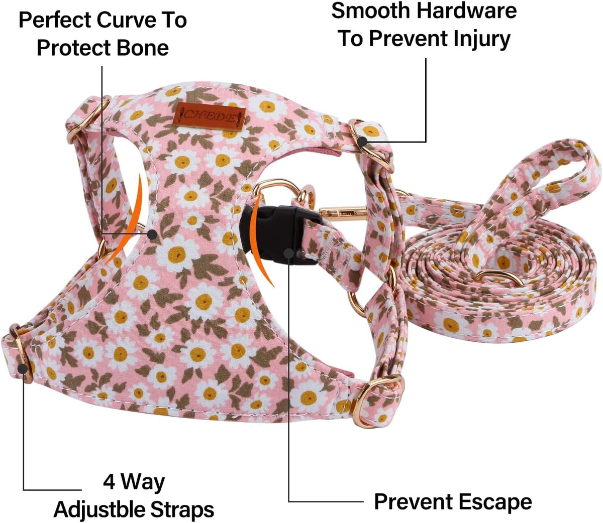 CHEDE No Pull Floral Pattern Dog Harness- Lightweight, Soft, Adjustable Small Harness and Leash Set, Suitable for Puppy Small and Medium-Sized Dog (S, Pink Daisy)