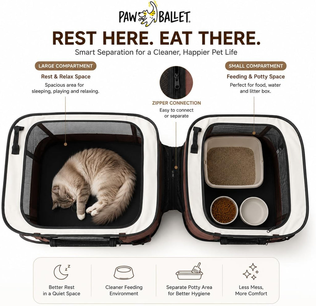 Paw Ballet 2-in-1 Dual-Zone Pet Playpen for Cats & Small Dogs, Portable Indoor Outdoor Pet Enclosure with Connected Rest & Feeding Areas, Foldable Pet Tent with Carrying Bag