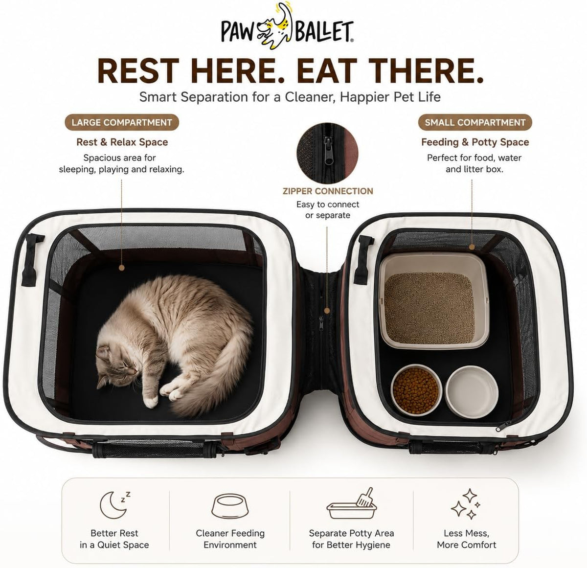 Paw Ballet 2-in-1 Dual-Zone Pet Playpen for Cats & Small Dogs, Portable Indoor Outdoor Pet Enclosure with Connected Rest & Feeding Areas, Foldable Pet Tent with Carrying Bag