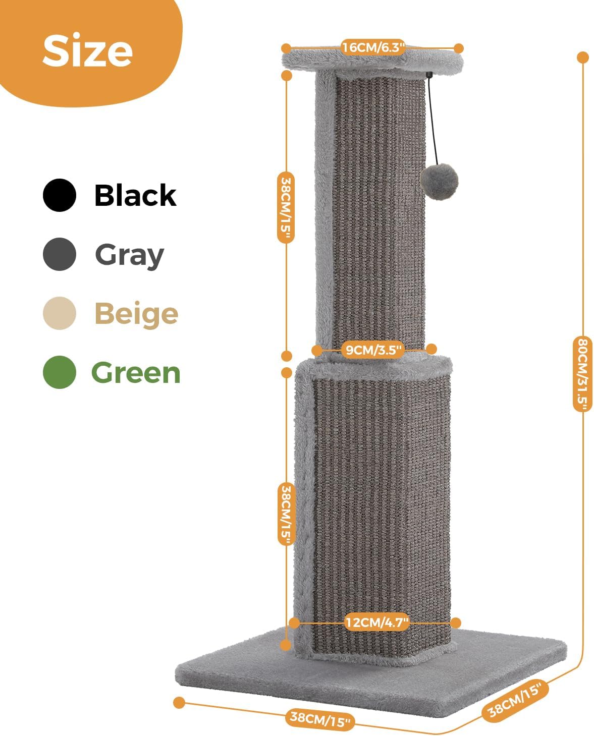 PAWZ Road Cat Scratching Post 32” Tall Square Cat Scratcher